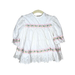 Vtg Handmade Toddler Dress Embroidered Flowers Eyelet Cottagecore Easter Spring